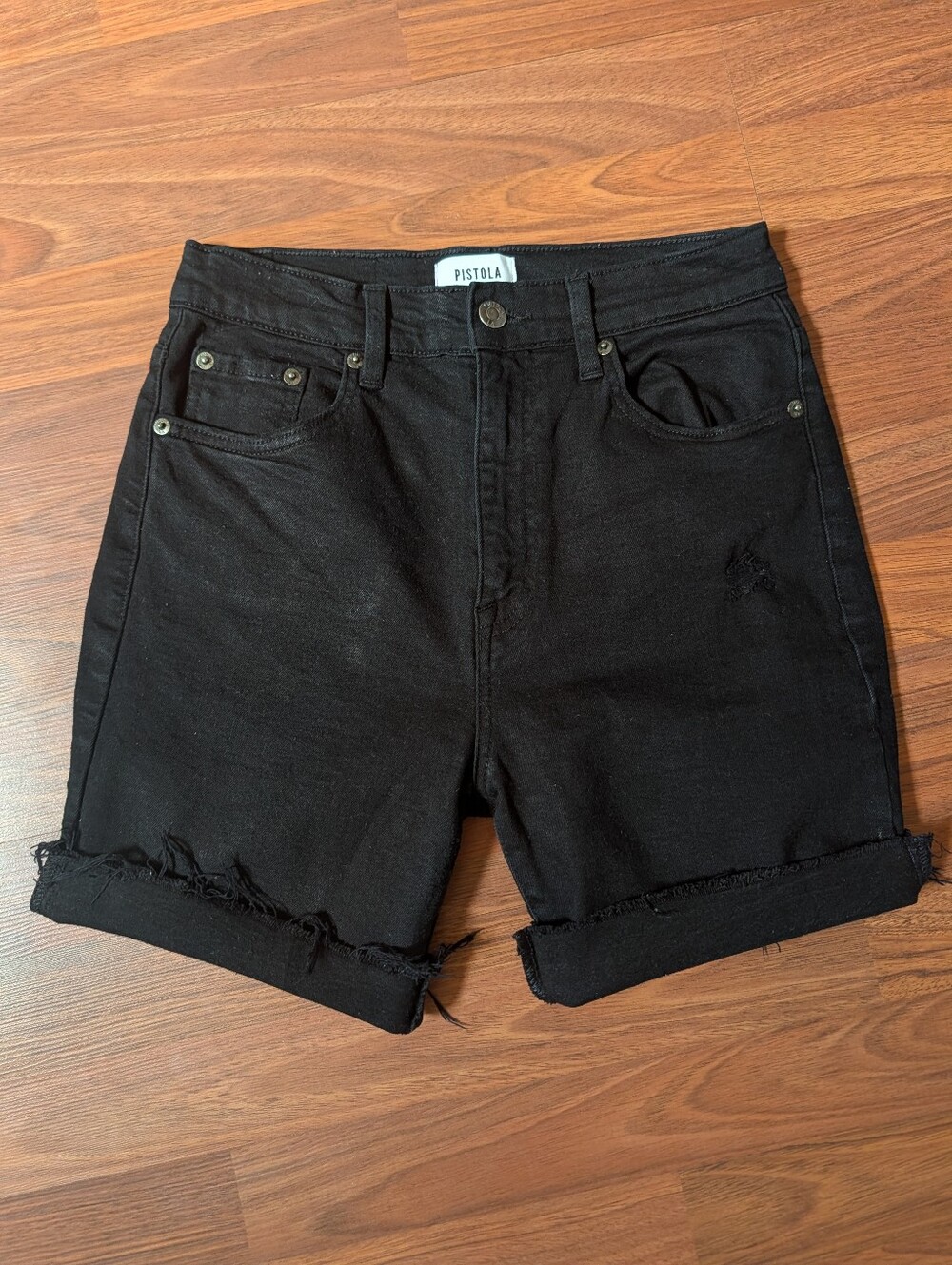 Pistola High Rise Cutoff Black Denim Bermuda Shorts Size 27 Frayed Fringe Hem